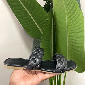 Black double strap sandal with braid detail